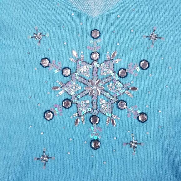 Quacker Factory Sweater Womens Large Blue Snowflake Beaded Winter Pullover Artsy - Picture 2 of 9